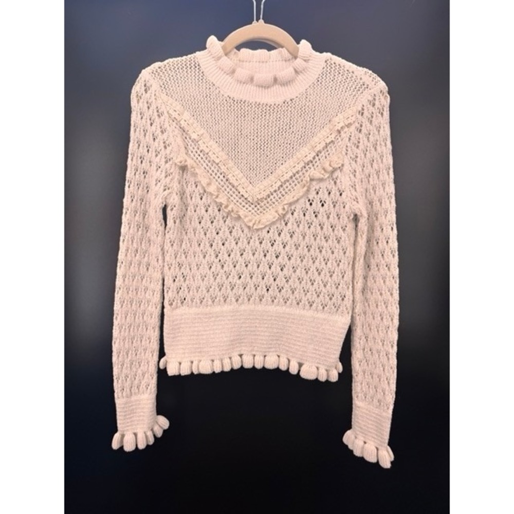 ZARA Cream Pointelle Ruffle Knit Sweater Women MEDIUM Romantic Boho Cottage - Picture 7 of 9